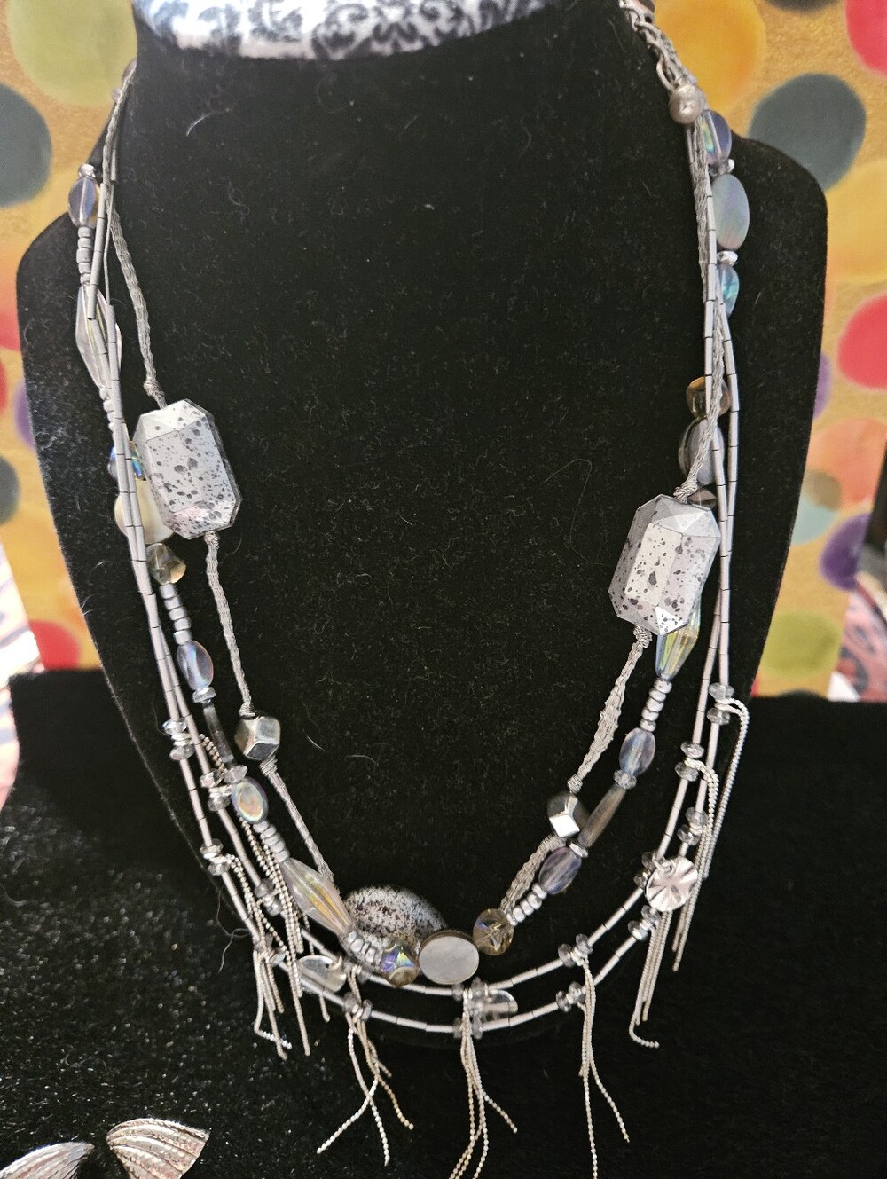 Chico's Silver Multi-Strand Beaded Necklace with Tassel Accents